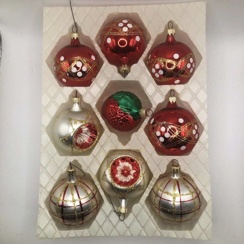 Kurt Adler Glass Nostalgia Ornaments Red White Glass Strawberry Glitter Stripes